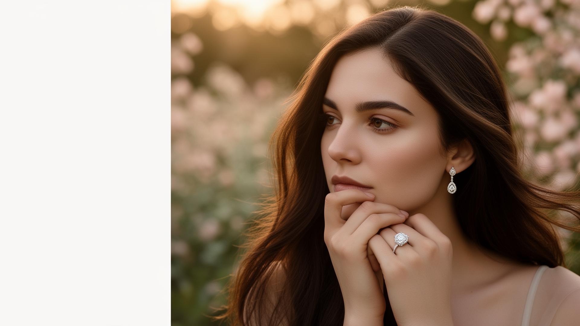 A woman wearing a Mirage Garden lab-grown diamond engagement ring and drop earrings in a garden at golden hour